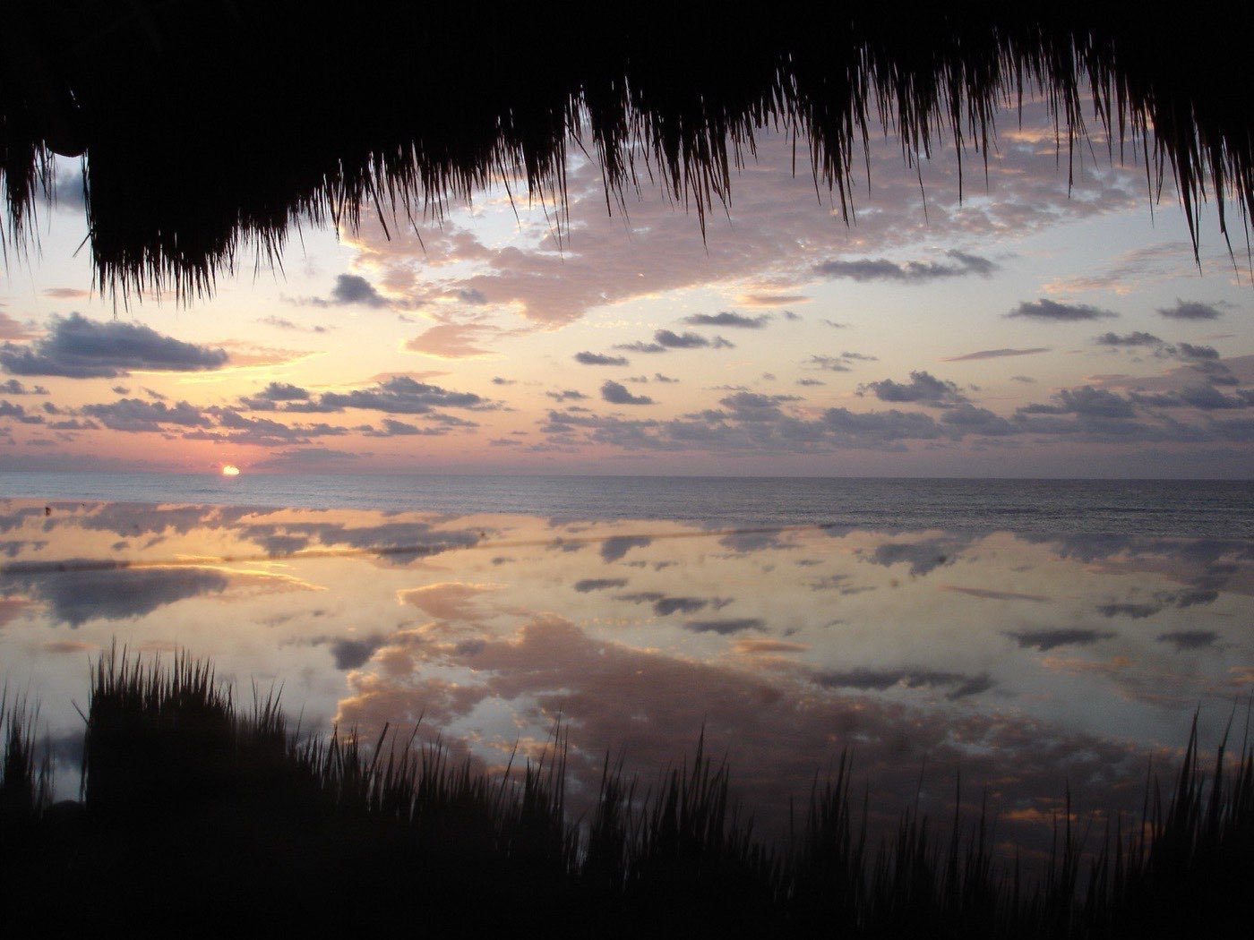 Sunrise over Riviera Maya with palapa silhouette