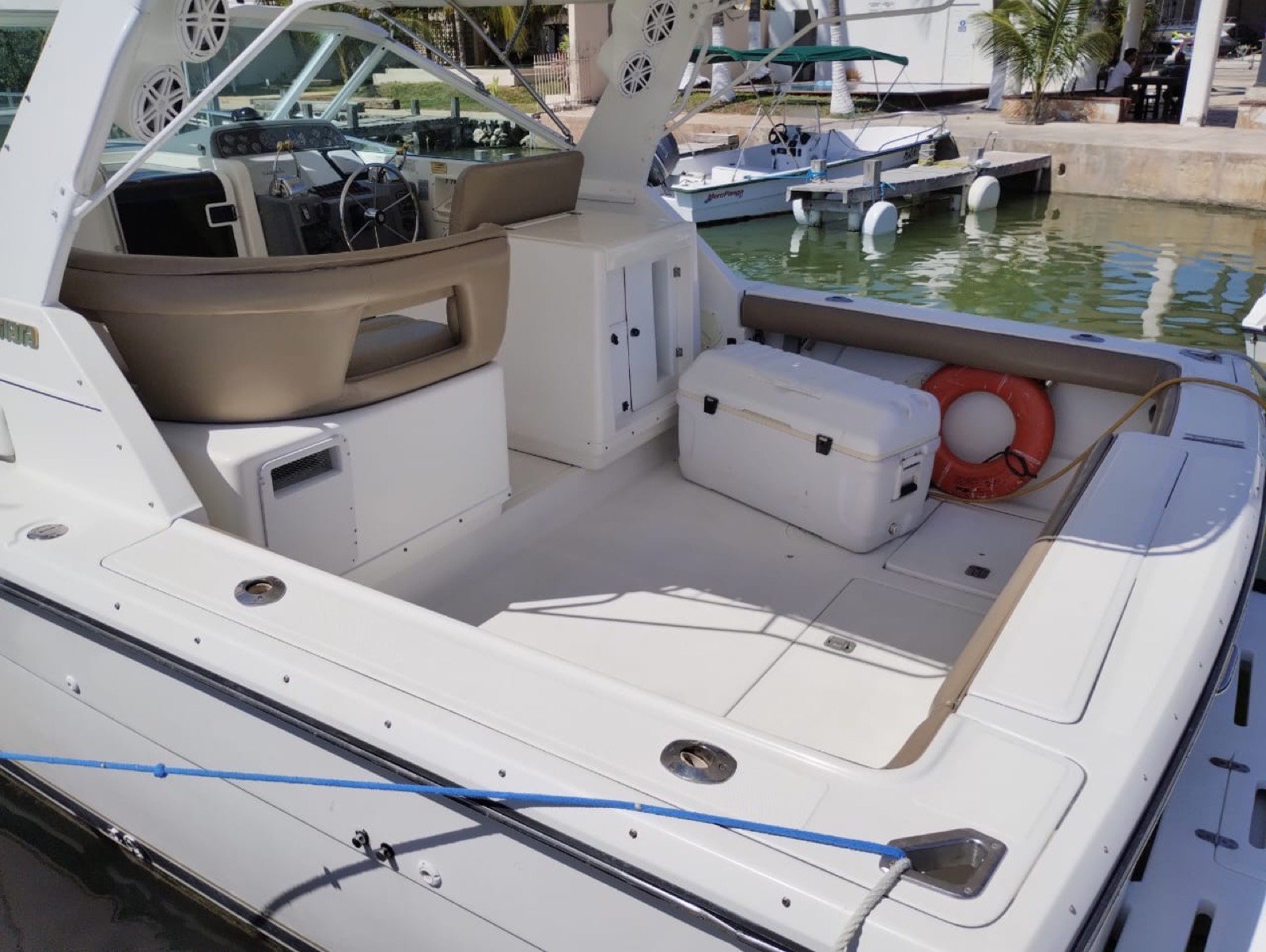 Tiara 34 ft convertible motor yacht docked at Marina Yucalpetén in Progreso Yucatán